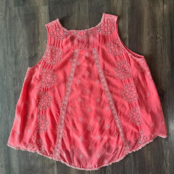 Johnny Was Pink Eyelet Blouse Embroidered Lace Button Up Sleeveless Top Sz Large - Picture 3 of 6